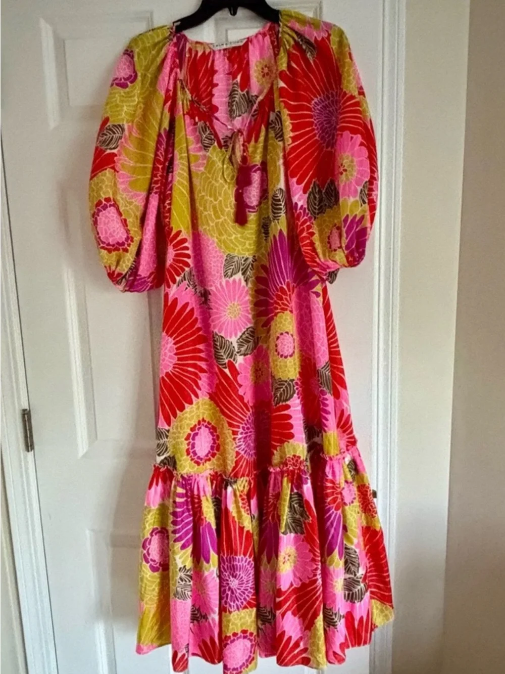 Trina Turk silk women Pink, Red & Yellow Floral Puff-Sleeve Maxi Dress